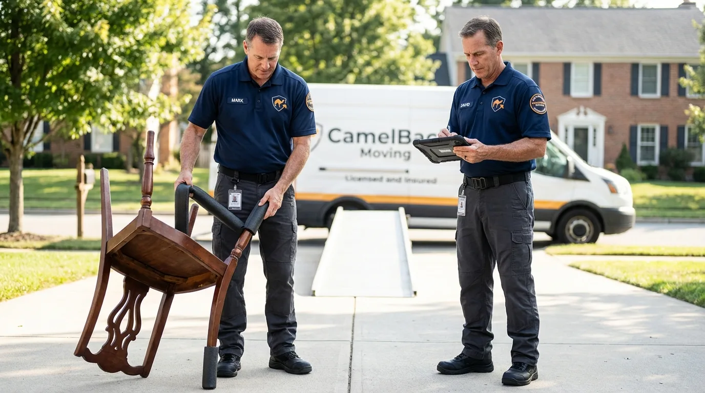 Movers inspecting furniture for damage prevention before loading in Frenchburg, KY
