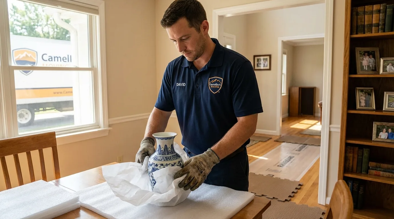 Professional crew carefully wrapping antique vase for senior downsizing move in Frenchburg, KY